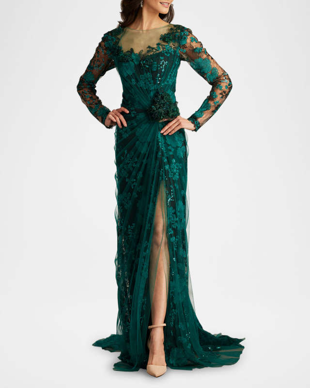 Floral-Embroidered Lace and Tulle Column Gown